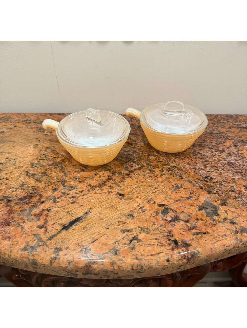 Vintage Fire King Peach Luster Beehive Ovenware Handled Soup Bowl With Lid Set 2